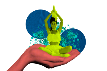 3D collage design composite trend artwork sketch of big hand hold young lady sit meditate keep balance royal court fashion powdered wig