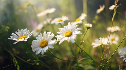 Daisies growing in a green field with sunlight shining from behind, a dreamy background.