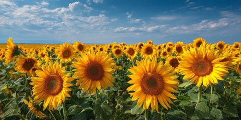 Fototapeta premium A field of bright yellow sunflowers facing the morning sun, blue sky, vibrant colors.
