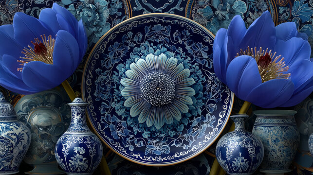 Seamless pattern with Dutch ornaments (Delft blue style). EPS 10.