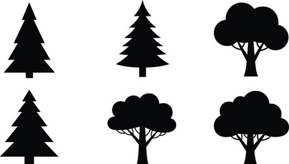 Fototapeta premium Black tree silhouette vector set, pine and deciduous tree icons collection, minimalist forest shapes for nature design, logo, and illustration