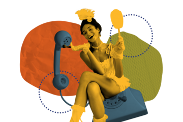 Creative sketch collage of happy housemaid girl hold paintbrush duster household chores tool telephone handset telecommunication