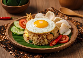 Delicious Nasi Goreng with a perfectly fried egg and fresh garnishes served on a wooden plate.