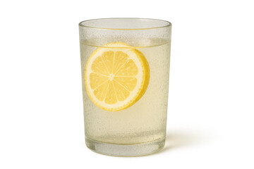 Glass of lemonade with lemon slice and water drops