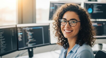 Smiling woman with curly hair and glasses working at multiple computer screens displaying code and data in a bright workspace