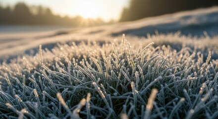 Frost-covered grass glistening in morning sunlight