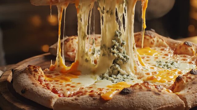Epic Cheese Pull: Lifting a Slice of Gourmet Four Cheese Pizza in Slow Motion.