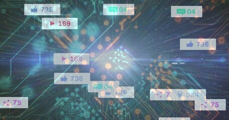 Radiating circuit board in digital interface, displaying panels with thumbs-up and play icons
