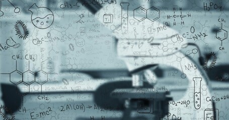 Pipetting gloved hand dispensing reagent into test tube rack at lab bench, with chemical overlays