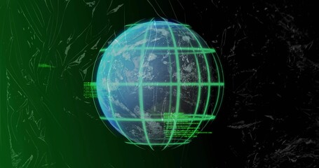 Floating globe showing landmasses and oceans in cyberspace with green grid and digital artifacts