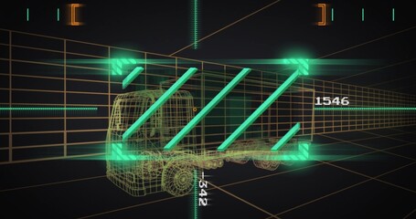 Rendering wireframe cargo truck within 3D grid, with neon green slanted bars, numeric overlays