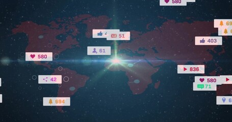 Showing red world map on interface, with floating social media notification icons and counters