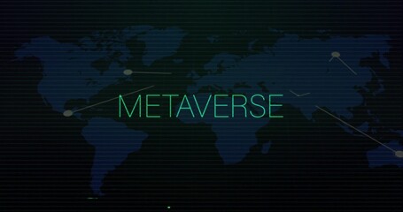 Obraz premium Displaying neon green METAVERSE text on dark blue world map, linking nodes with glowing data lines