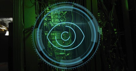 Displaying digital eye monitoring server rack boards and cables in server room, blinking green LEDs