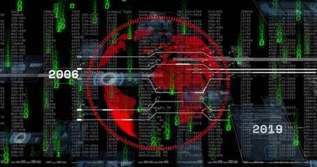 Rendering red map spinning in digital HUD, with code streams, tables, lines, labels 2006,2019