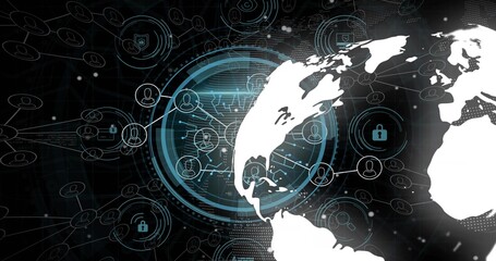 Fototapeta premium Showing white Earth silhouette with connecting lines in interface, with padlock icons, copy space