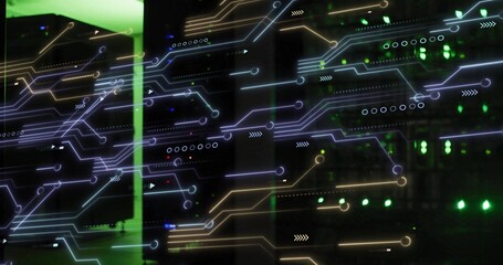 Displaying server rack cluster flashing LED lights inside data center, with network circuit overlay