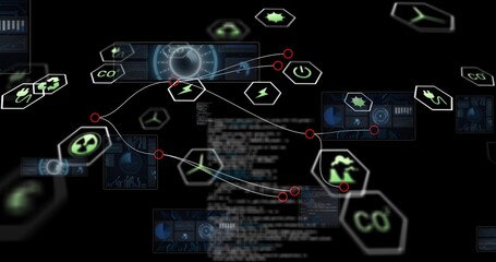 Displaying hexagonal energy cluster floating in virtual dashboard, with white lines and red nodes