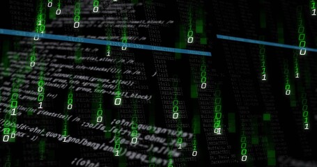 Cascading green binary digits over white code in cyberspace, with digital blocks and blue bars
