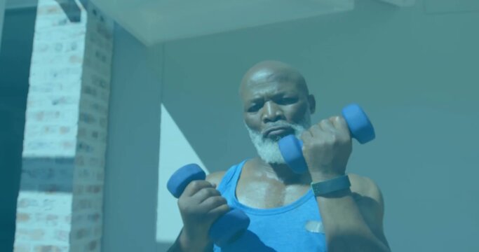 Fototapeta Lifting two blue dumbbells, man wearing blue top strengthening at home gym, with wrist fitness band
