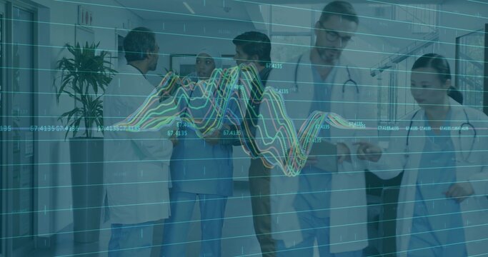 Staff in scrubs holding tablet displaying patient metrics in hospital corridor, with data overlay - Powered by Adobe