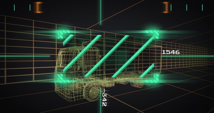 Fototapeta Rendering wireframe cargo truck within 3D grid, with neon green slanted bars, numeric overlays