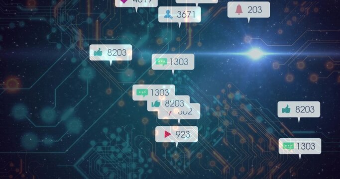Displaying notification bubbles on circuit board showing icons with counts 8203 1303 923 3671 203