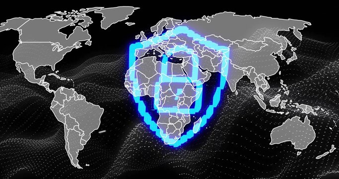 Overlaying glowing pixelated blue shield icon hovering over world map surface with dotted wave grid