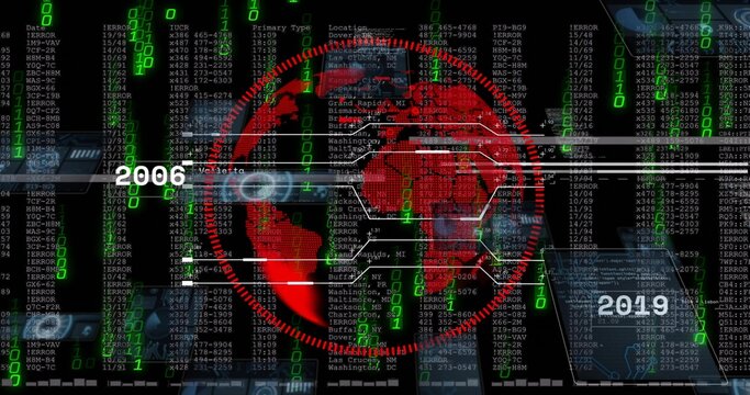 Rendering red map spinning in digital HUD, with code streams, tables, lines, labels 2006,2019