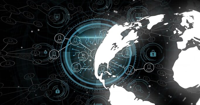 Naklejki Showing white Earth silhouette with connecting lines in interface, with padlock icons, copy space