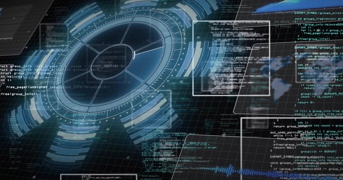 Projecting interface showing circular HUD over grid with code windows and world map silhouette