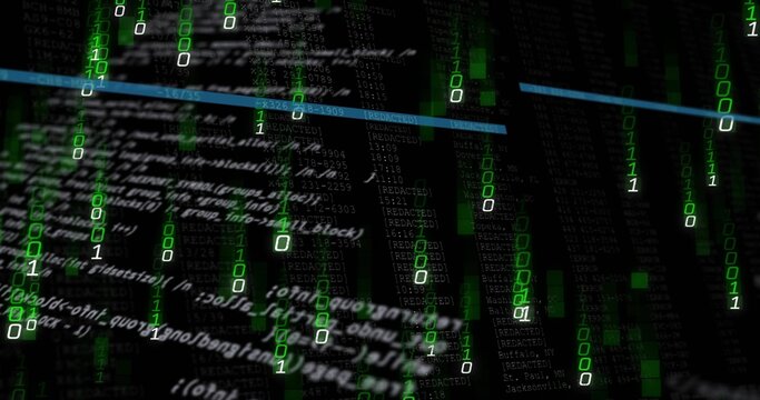 Cascading green binary digits over white code in cyberspace, with digital blocks and blue bars