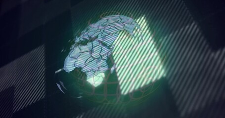 Rotating cracked digital globe glowing in VR simulation with grid rings and diagonal light stripes