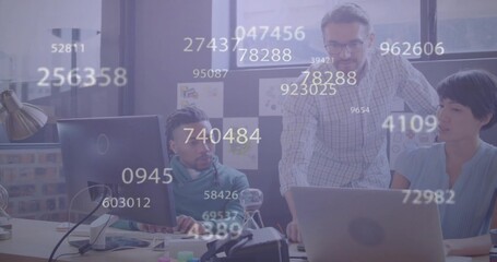 Collaborating colleagues adjusting data on laptop and PC in office, with floating numeric overlays