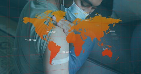 Patient wearing surgical mask pressing adhesive arm bandage in clinic with map overlay, copy space