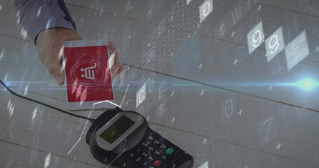 Holding shirt-sleeved hand tapping red phone against payment terminal at checkout, with binary code