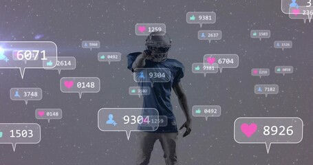 Pointing football player wearing blue jersey, helmet in digital studio, with floating social icons