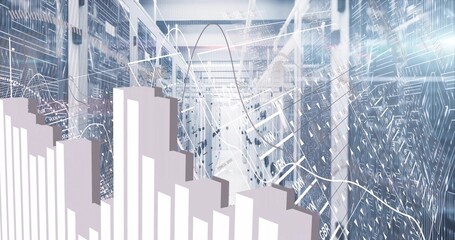 Displaying large 3D bar chart model emerging within modern data center corridor, with server racks