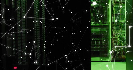 Glowing server rack showing green-lit cables in data center, network visualization, copy space