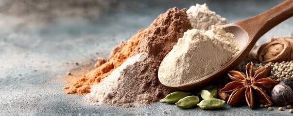 Closeup of plantbased protein blend with natural digestive enzymes, earthy tones, optimal nutrition concept