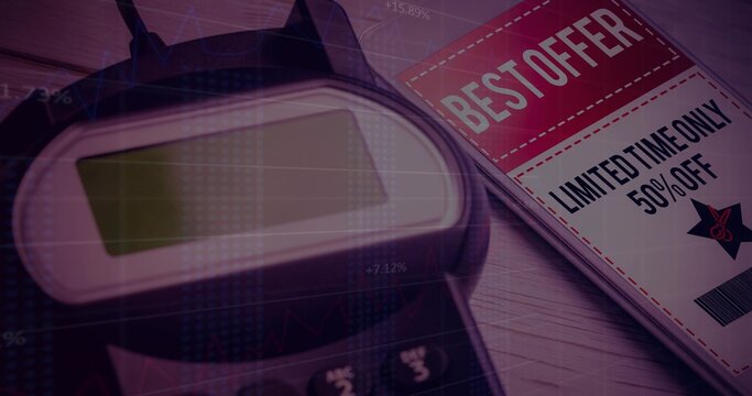 Sitting card terminal displaying green screen on countertop with discount voucher and stock charts - Powered by Adobe