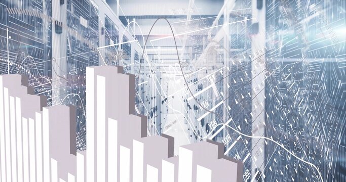 Displaying large 3D bar chart model emerging within modern data center corridor, with server racks - Powered by Adobe