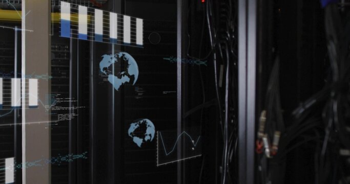 Displaying server rack cluster projecting digital UI overlays in secure data center, with cables