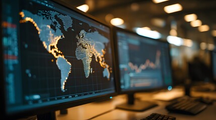 Multiple computer screens display illuminated global data and financial charts in a dimly lit office environment.