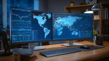 Fototapeta premium Modern office workstation displays dual monitors showing global data and financial charts