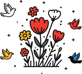 Whimsical Folk Art Wildflowers and Birds Flat Illustration with Bold Red, Yellow, Blue, and White Colors on Clean White Background, Cheerful Nature-Inspired Decorative Floral Artwork