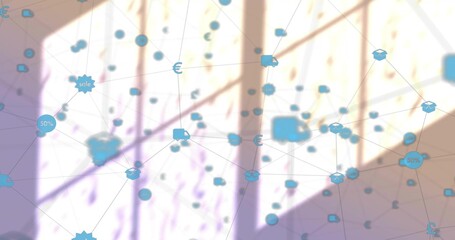 Displaying delivery truck and euro icons floating before office windows, network overlay