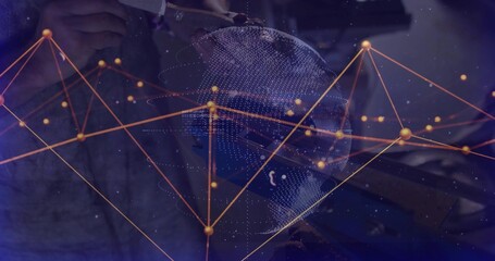 Scientist in goggles sieving sample into container in lab with digital globe linking orange nodes