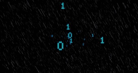 Flowing grey-white streaks mimicking code rain across virtual screen, with glowing cyan binary bits