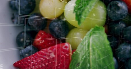 Displaying fruits with UI overlay on dish, with sliced strawberries, blueberries, grapes and mint